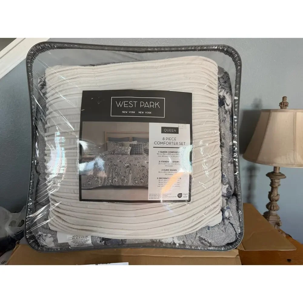 West Park Queen 8 Piece Comforter Set Floral Gray Blue White 100% Polyester